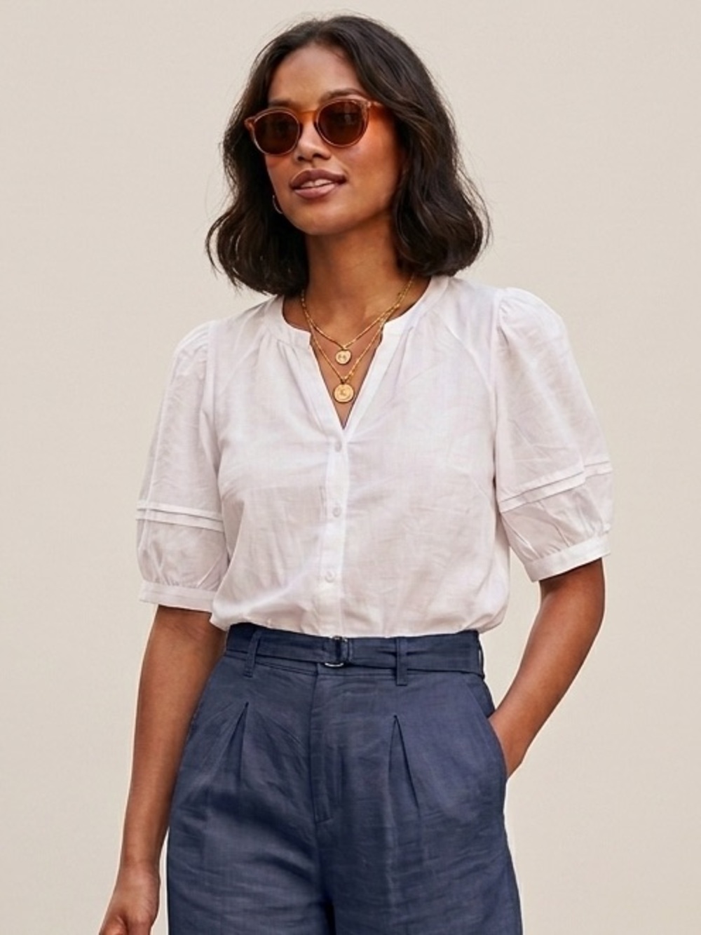 Beachlunchlounge White 100% Cotton Gauze Blouse Pleated Puff Short Sleeve S Boho